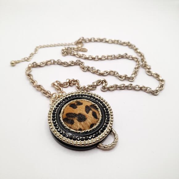 Chico’s Leopard Print Fur Pendant Necklace 34” Gold Tone Statement - Picture 1 of 8